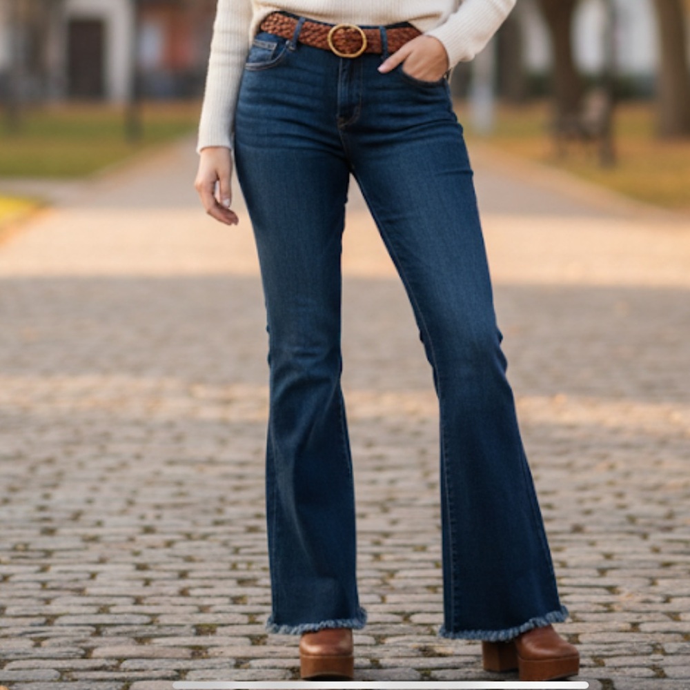 ❤ Tricot Dark Blue Mid-Rise Frayed Extra Long Flare Hem 70s Denim Jeans Size 29